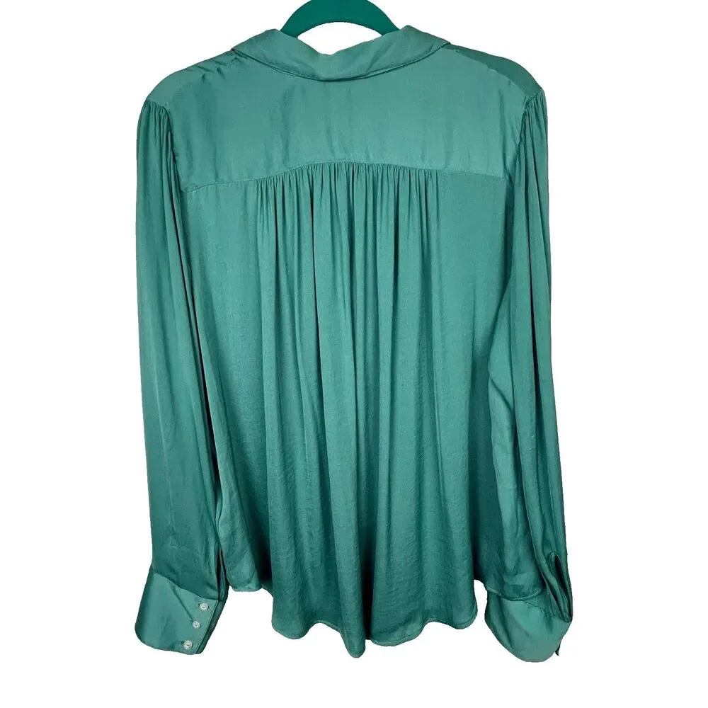 NWT Free People Shine Bright Cowl Top Collared Drape Blouse Vert de Mer Green XL